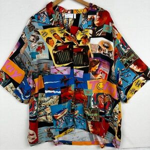 ASOS Design Shirt Mens Large Graphic Retro Print Viscose Short Sleeve Revere